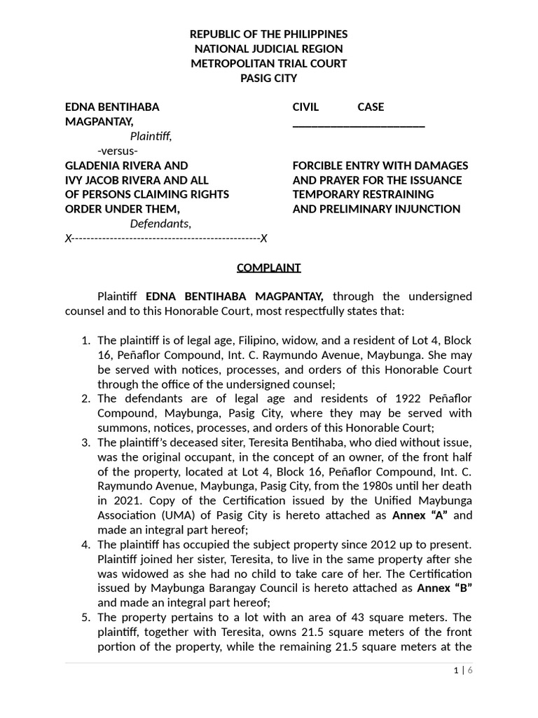 Forcible Entry Case: Magpantay vs. Rivera | PDF | Injunction | Complaint