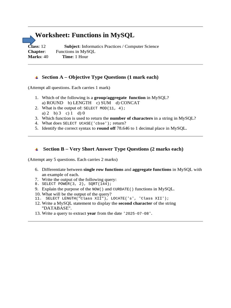 MySQL Functions Worksheet for Students | PDF | Computing | Computer ...