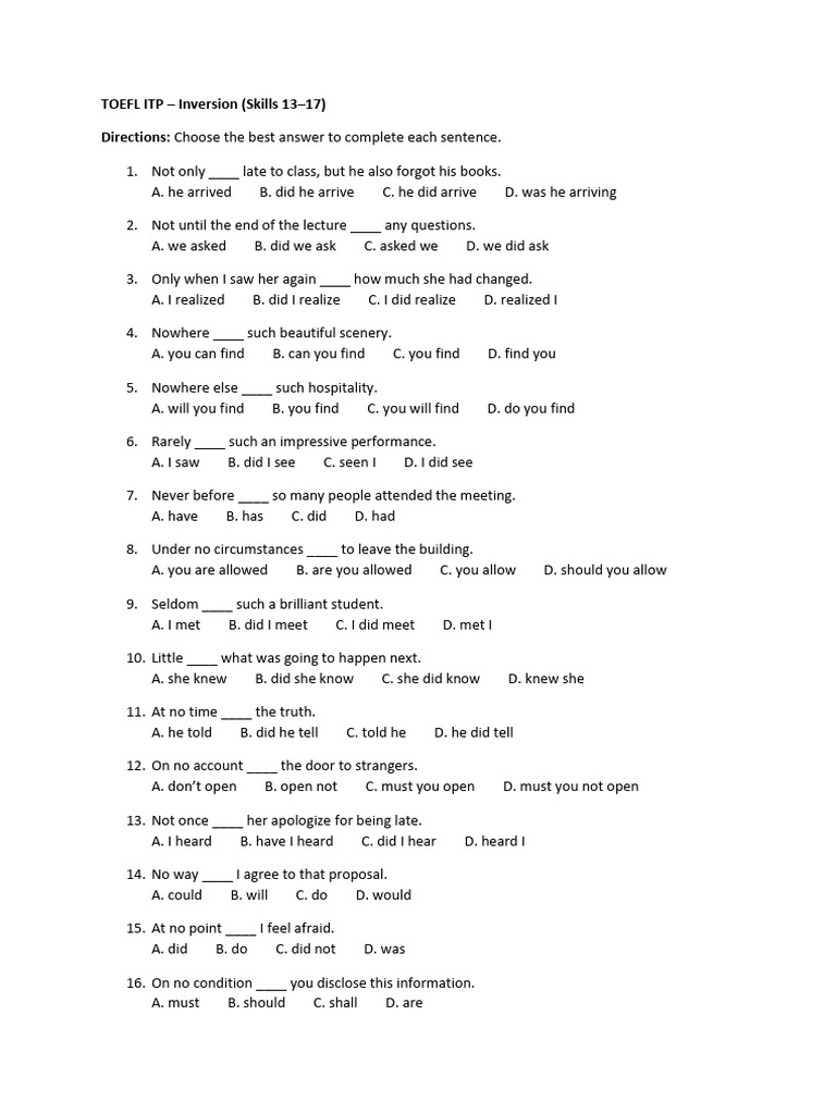 TOEFL ITP Inversion Practice Exercises | PDF | Chess Theory | Chess
