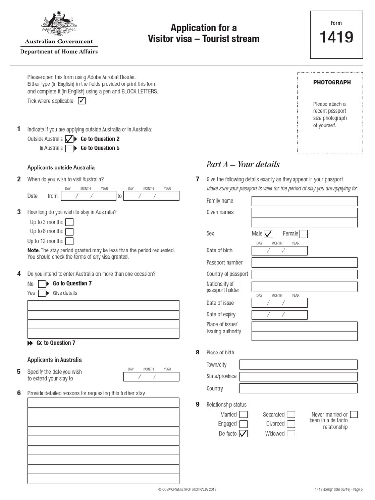 Visitor Visa Application Form 1419 | PDF | Travel Visa | Passport