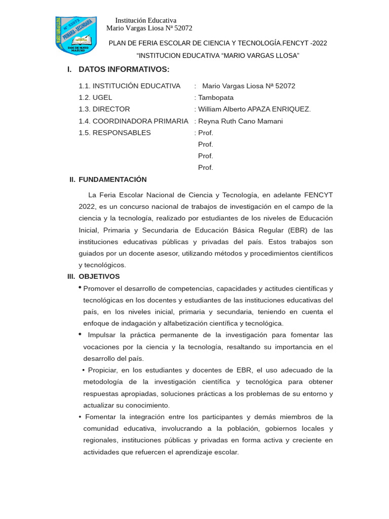 Plan Feria Escolar de Ciencia 2022 | PDF | Educación primaria | Maestros