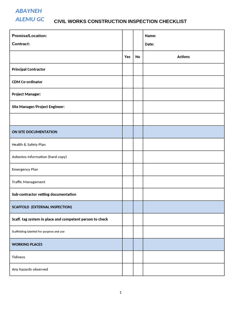 Civil Works Construction Inspection Checklist | PDF | Occupational ...