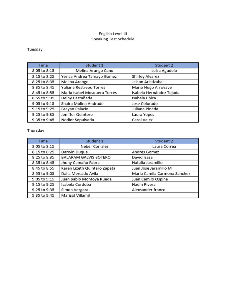 English Level III Speaking Test Schedule | PDF