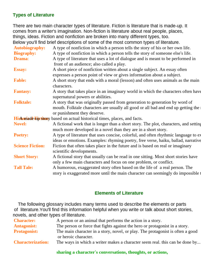 Types and Elements of Literature Guide | PDF | Poetry | Narration