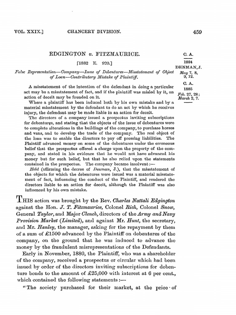 Edgington v. Fitzmaurice: Misrepresentation Case | PDF ...