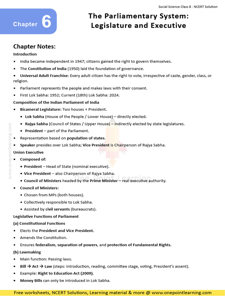 The Parliamentary System Legislature and Executive Class 8 Solution ...