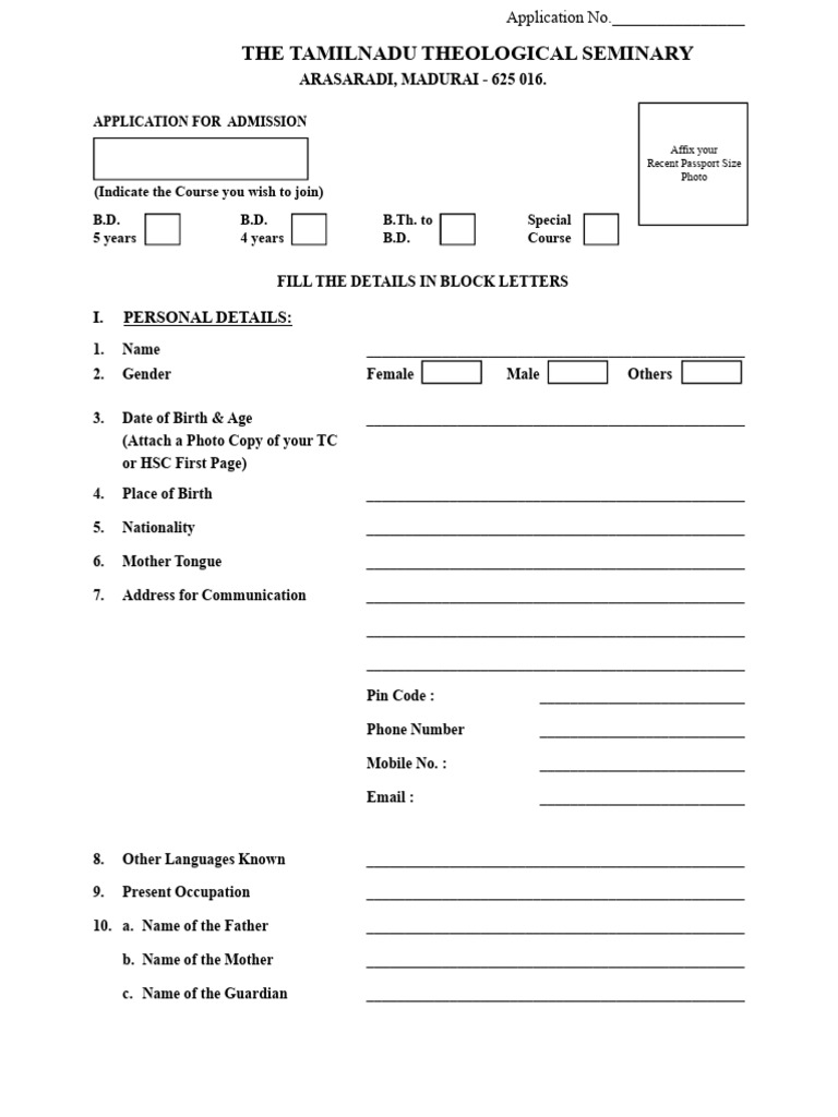 Tamil Nadu Theological Seminary Admission Form | PDF