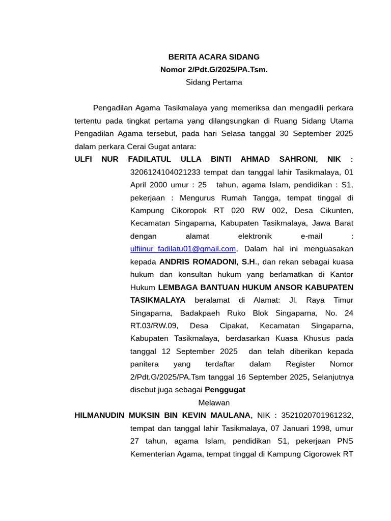 Berita Acara Sidang Cerai Gugat 2025 | PDF