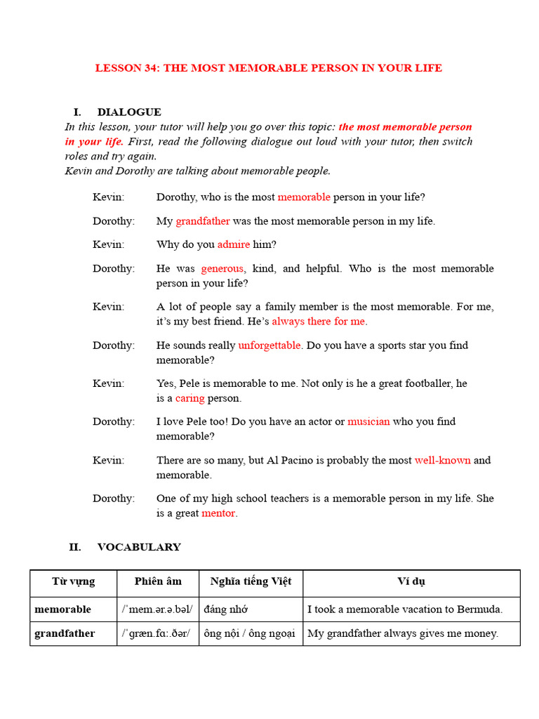 Lesson 34 The Most Memorable Person in Your Life | PDF