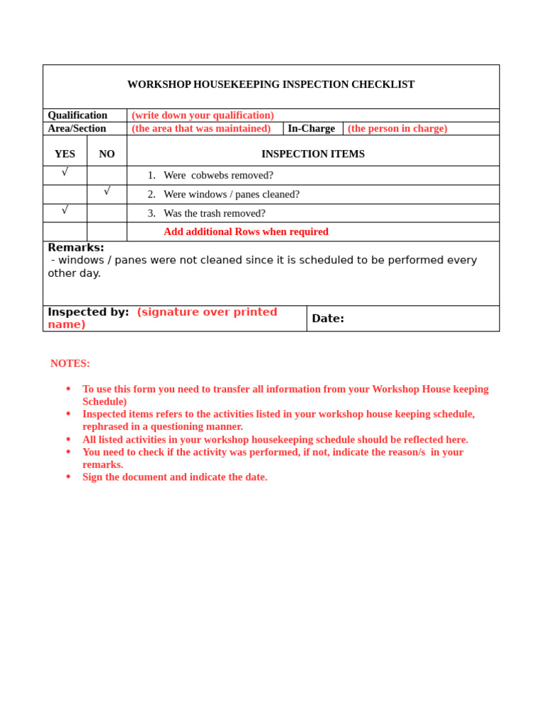 Workshop Housekeeping Inspection Checklist | PDF