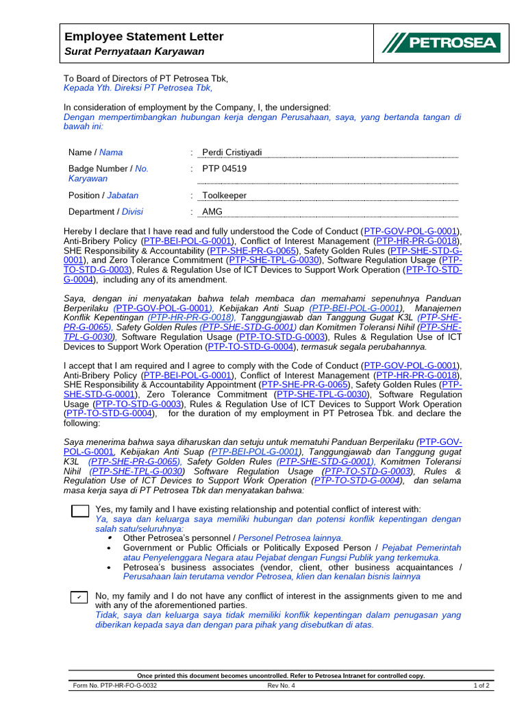 PTP HR FO G 0032 Employee Statement Letter 1 | PDF