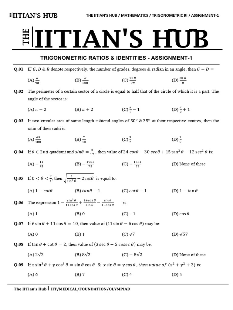 Trigonometric Ratios Assignment 1 | PDF | Trigonometric Functions | Circle