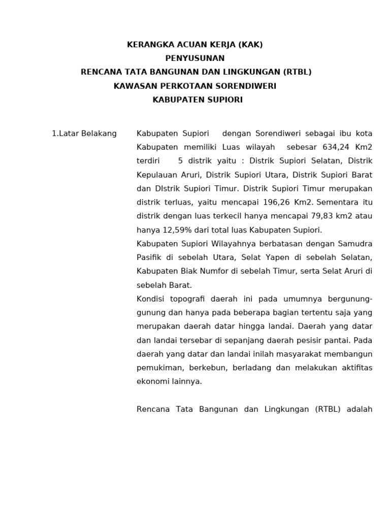 1 Contoh Kak RTBL Kawasan Perkotaan Sorendiweri Kab Supiori 2023 Ok2 | PDF