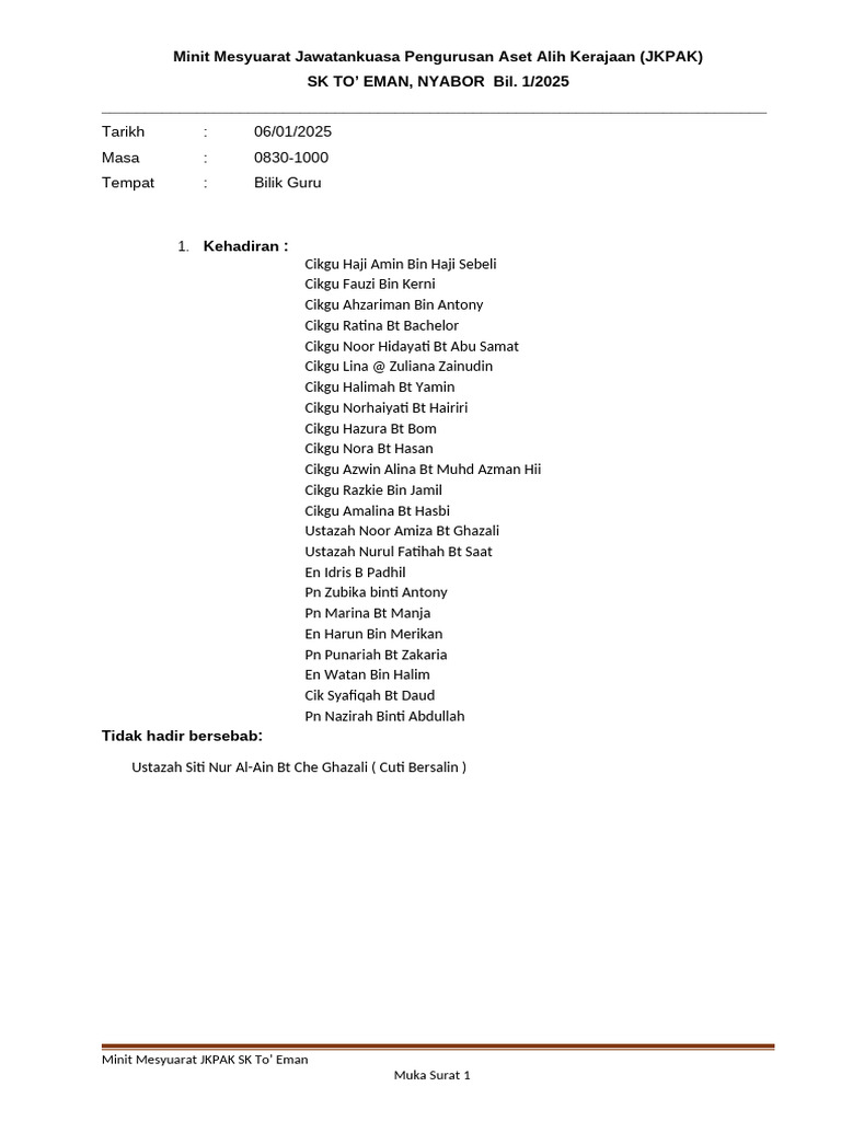 Minit Mesyuarat JKPAK 1 2025 (Sukuan Keempat 2024) | PDF