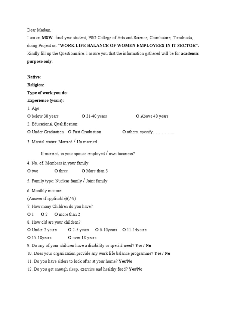 Work-Life Balance Questionnaire for Women | PDF