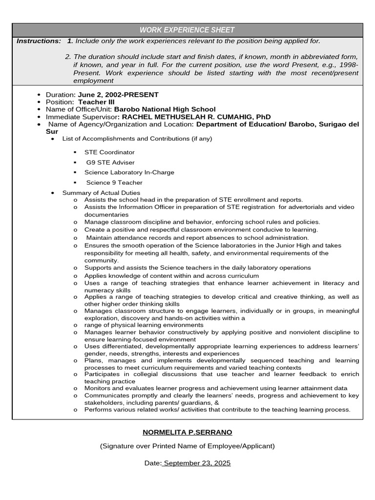 Teacher III Work Experience Summary | PDF | Learning | Teachers
