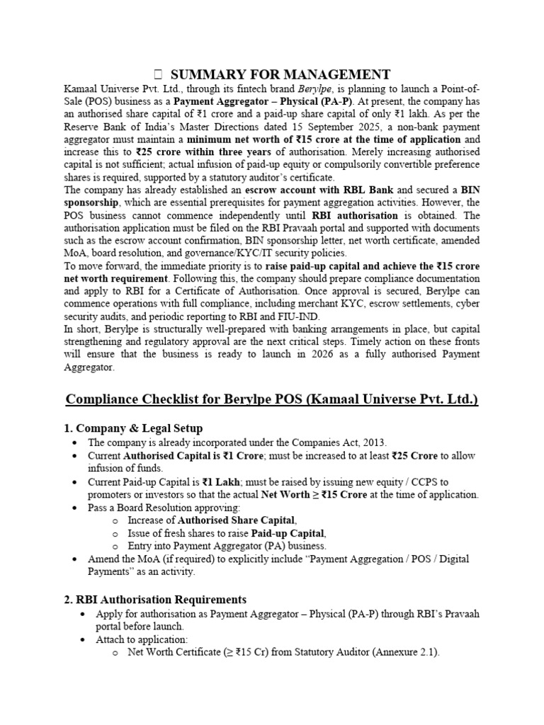 Berylpe's Path to RBI Payment Authorisation | PDF | Reserve Bank Of ...