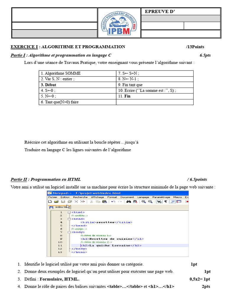 Algorithmes et Programmation en C et HTML | PDF | Structure de contrôle ...