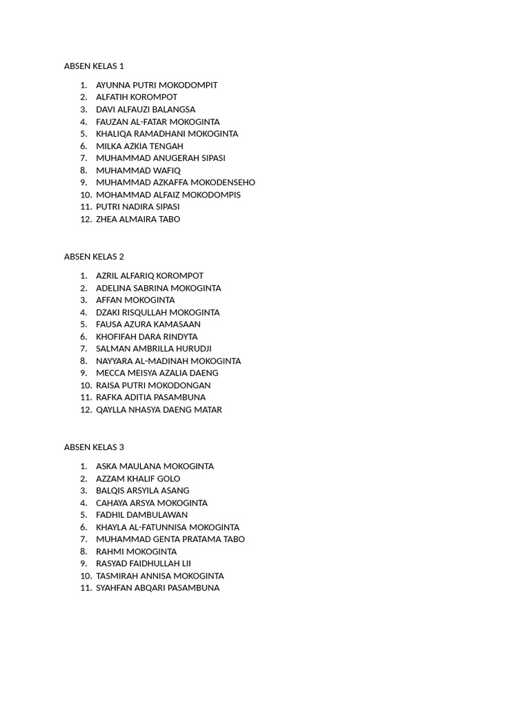 Absen Siswa Kelas 1-6 | PDF