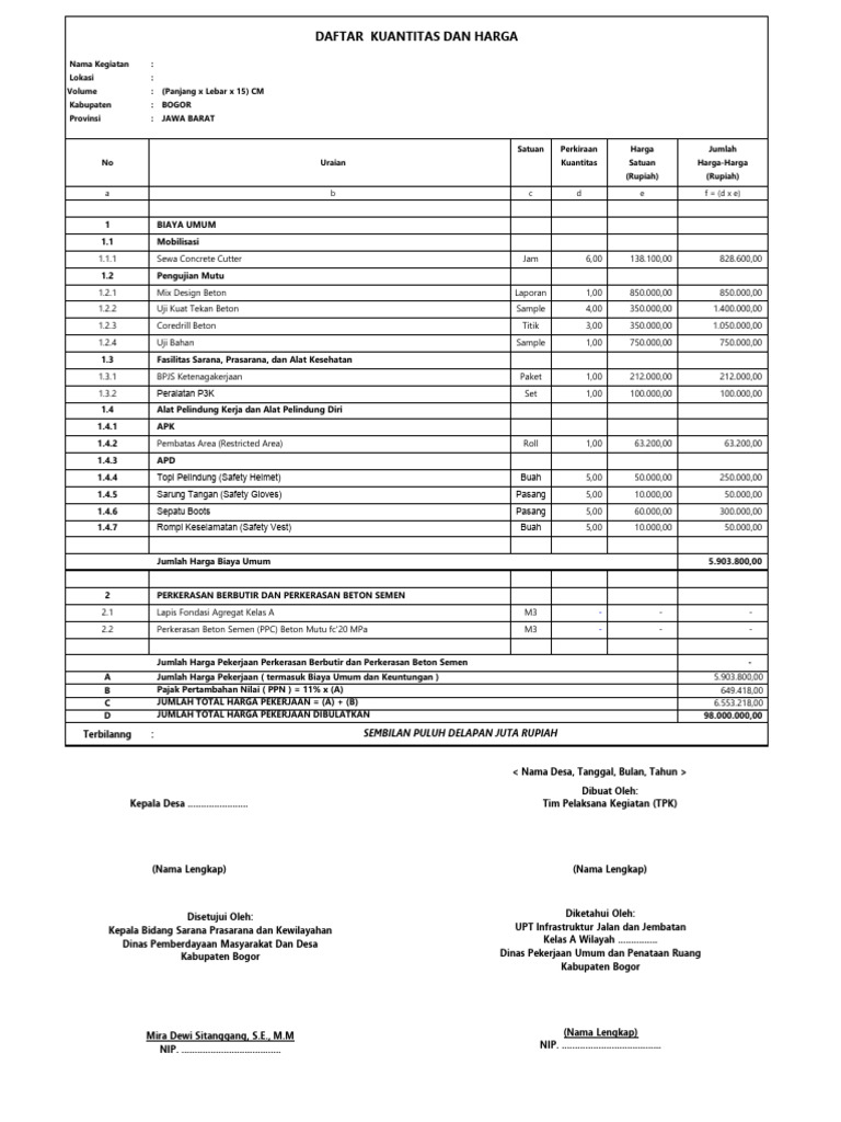 Contoh Rab Desa Bankeu 2025 FC 20 Readymix 1 | PDF