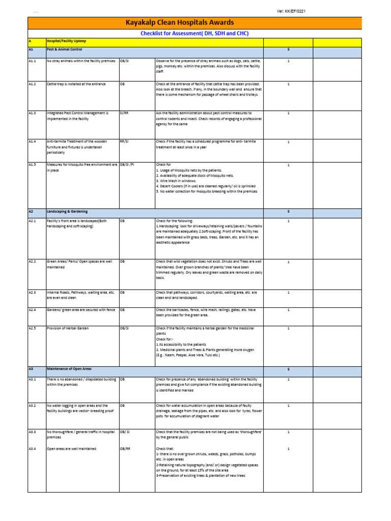 Kayakalp Hospital Assessment Checklist | PDF | Botany | Agriculture