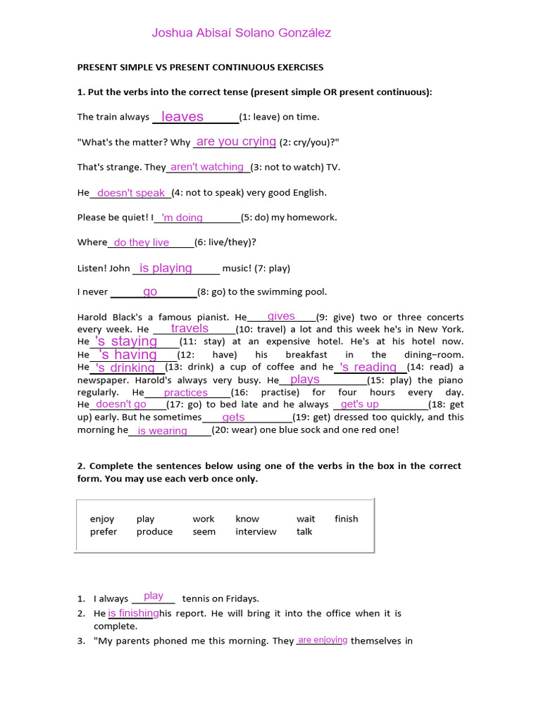 Present Simple vs Continuous Exercises | PDF
