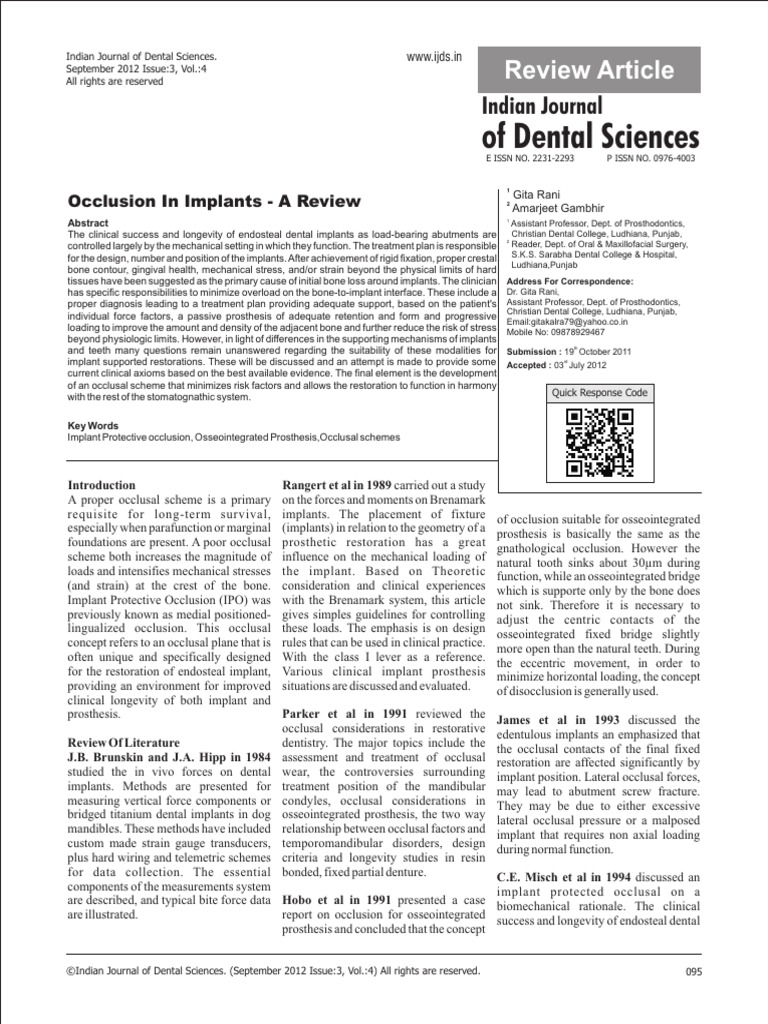 Occlusal Schemes for Dental Implants | PDF | Dental Implant | Tooth