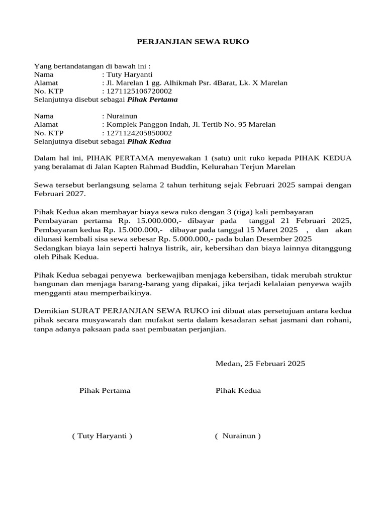 Perjanjian Sewa Ruko 2025-2027 | PDF