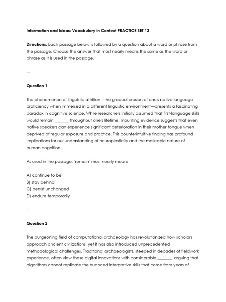 Information and Ideas - Vocabulary in Context PRACTICE SET 13 | PDF ...