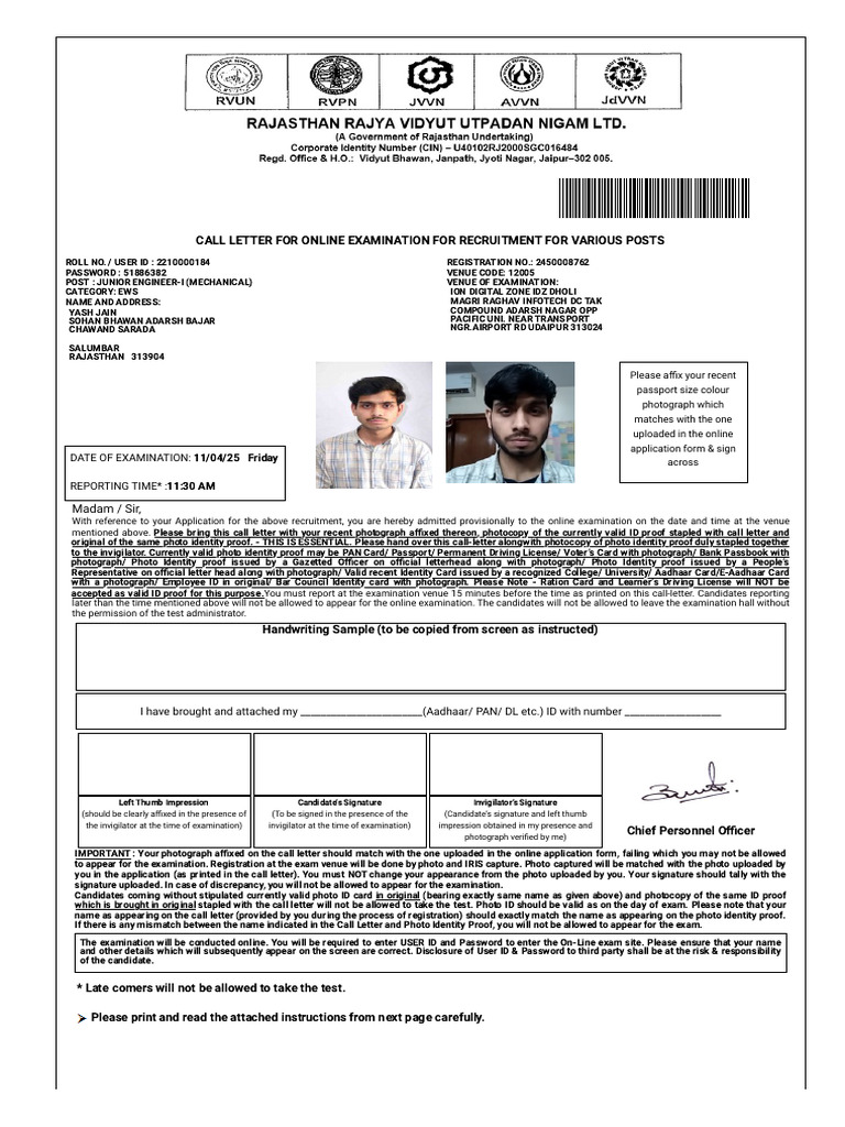 Call Letter for Junior Engineer Exam | PDF | Identity Document