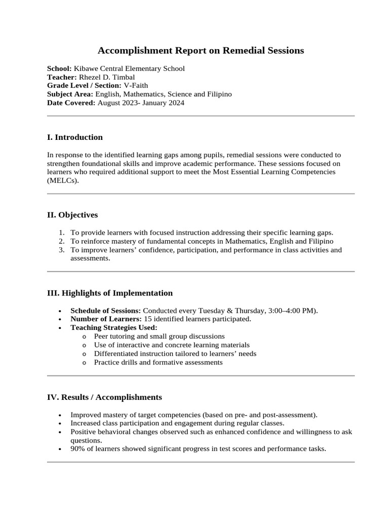 Remedial Sessions Accomplishment Report | PDF | Learning | Educational ...