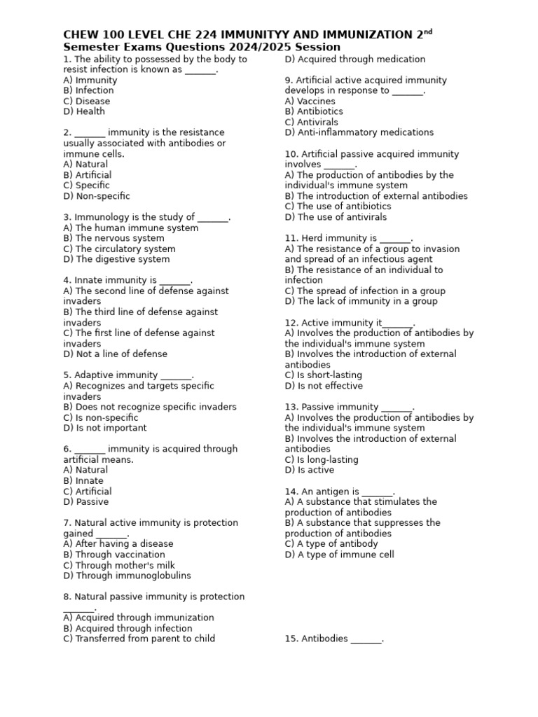 Immunity and Immunization Exam Questions | PDF | Immune System | Vaccines