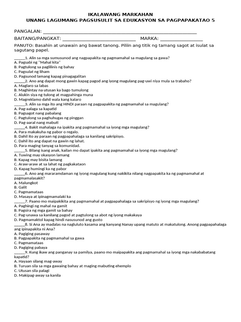 1ST Summative Test in GMRC 5 Q2 | PDF
