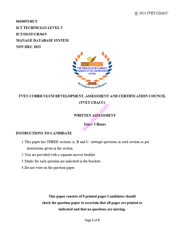 ICT Technician Level 5 Database Exam | PDF | Databases | Table (Database)