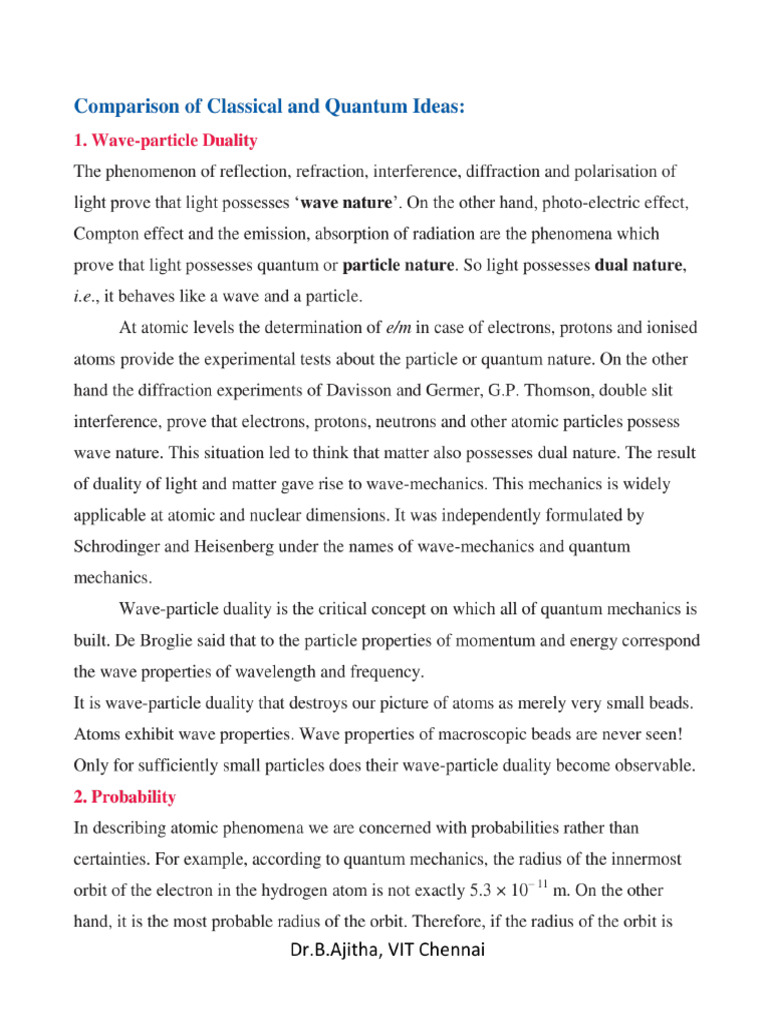 Comparison of Classical and Quantum Ideas - Notes | PDF