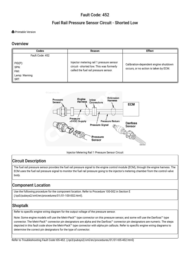 Fuel Rail Pressure Sensor Fault Code 452 | PDF