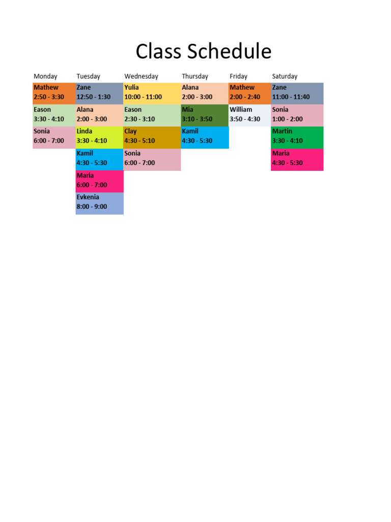 Weekly Class Schedule Overview | PDF