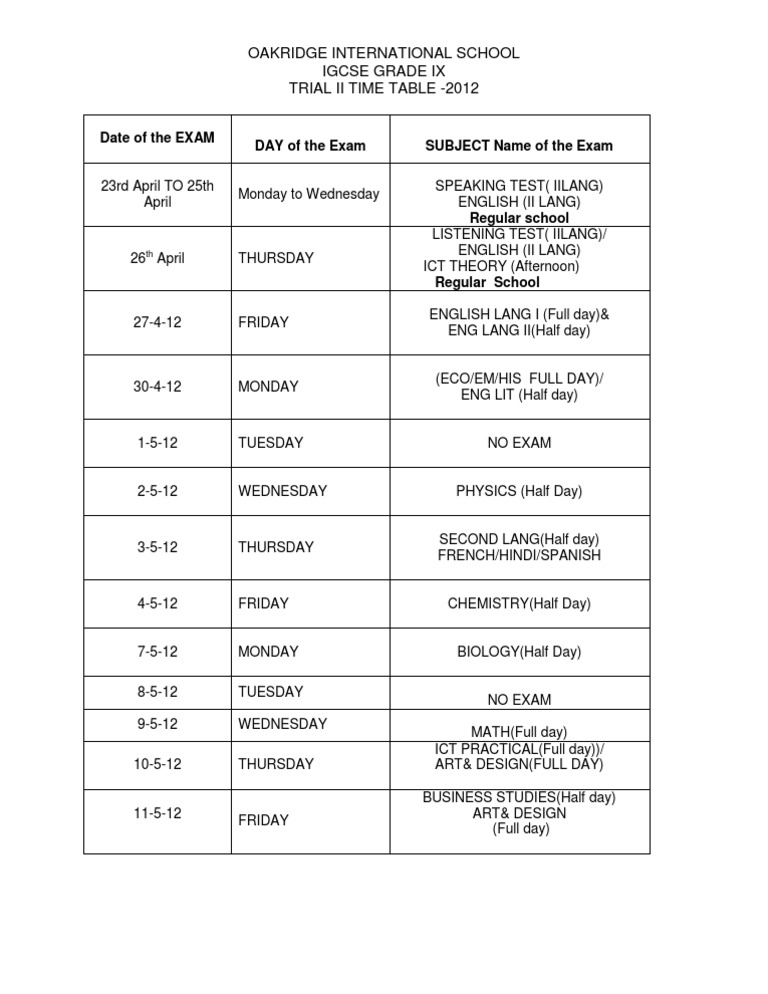 Grade IX Exam Schedule 2012 | PDF | Educational Assessment And ...