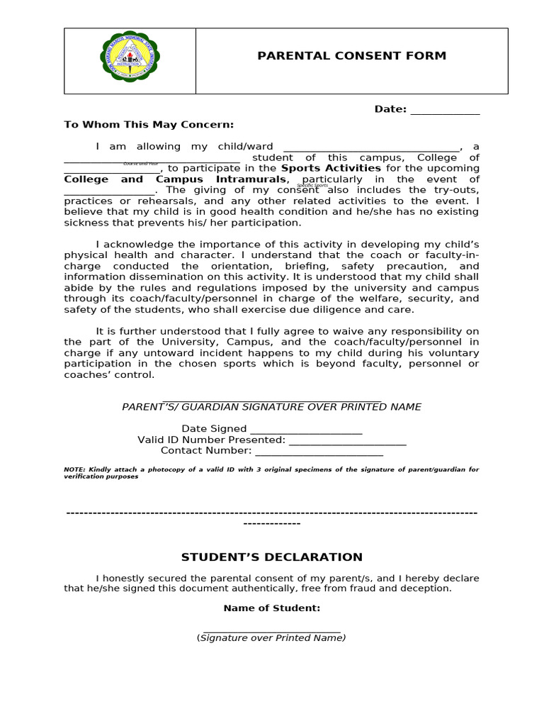 Parental Consent Form for Sports Activities | PDF | Signature | Consent