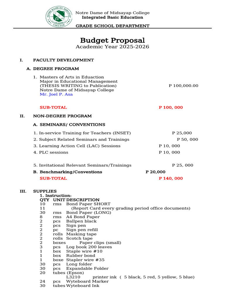 Notre Dame Grade School Budget Proposal 2025-2026 | PDF | Stationery ...