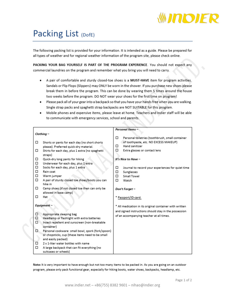 Essential Packing List for DofE Program | PDF | Backpack | Shoe