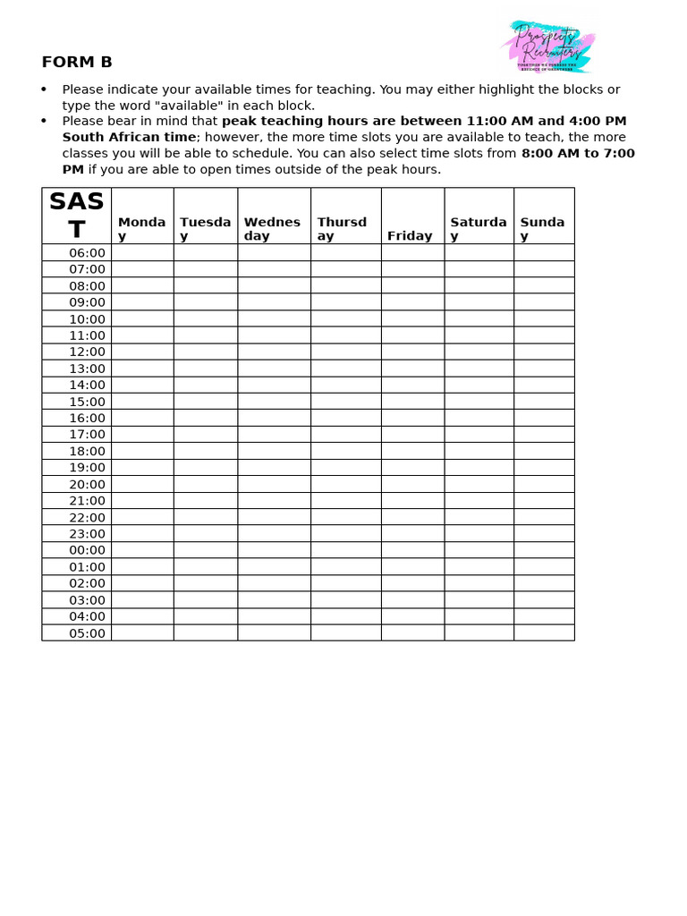 Teaching Availability Schedule Form | PDF