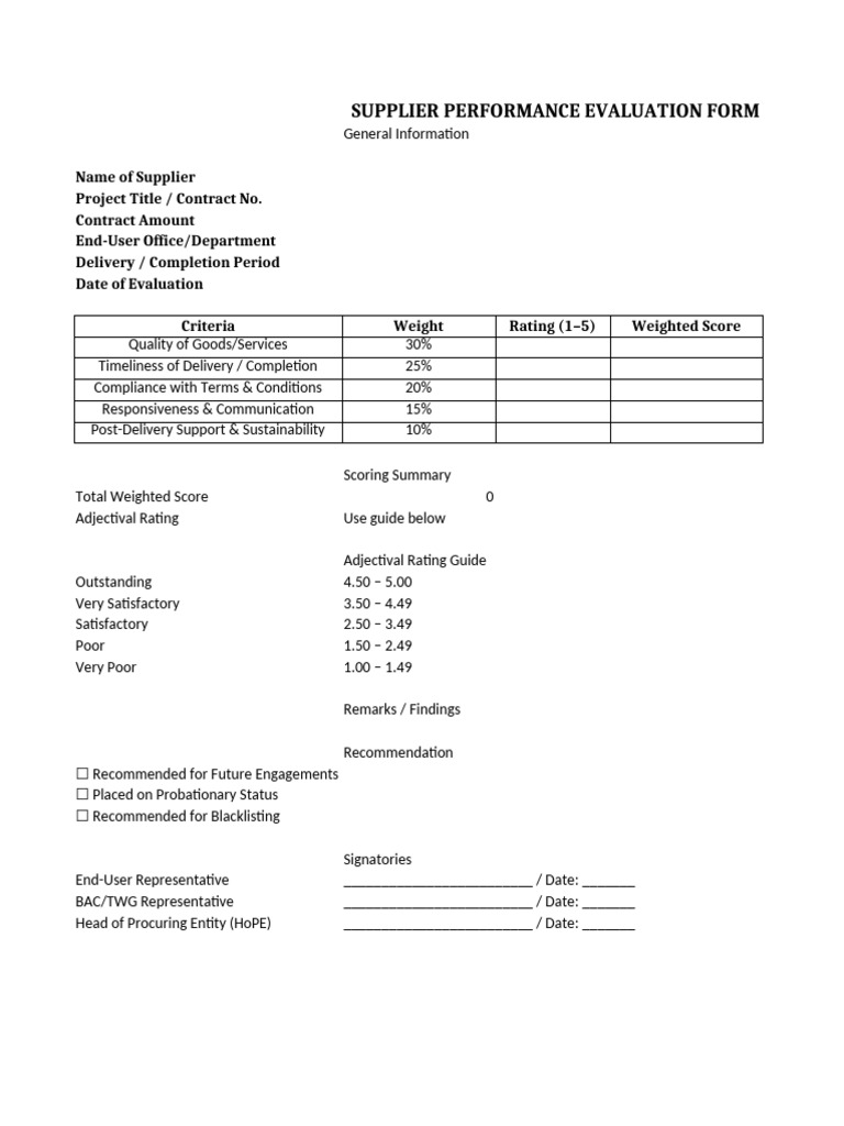 Supplier Performance Evaluation Template | PDF