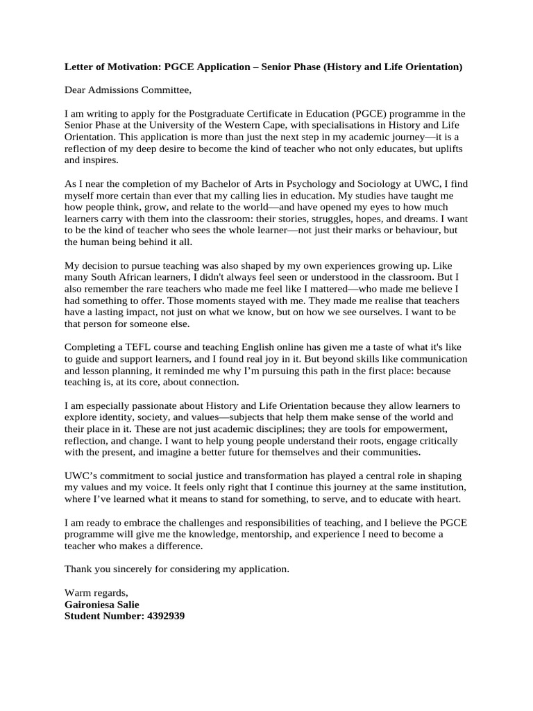 PGCE Application Motivation Letter | PDF | Teachers | Learning