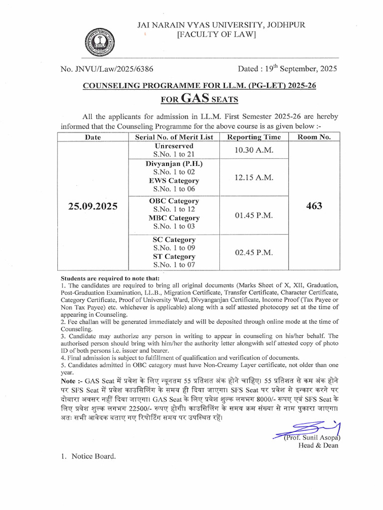 LL.M. Counseling Programme and Merit List 2025 For GAS Seats | PDF