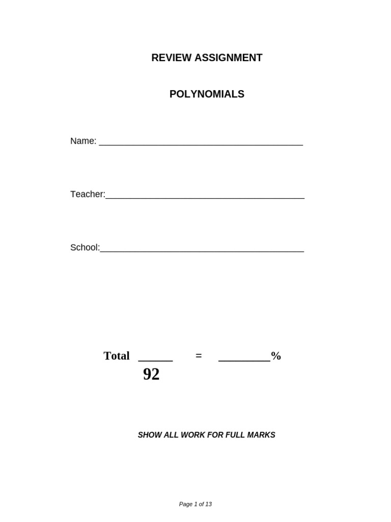 Polynomial Division and Factorization Assignment | PDF | Polynomial ...