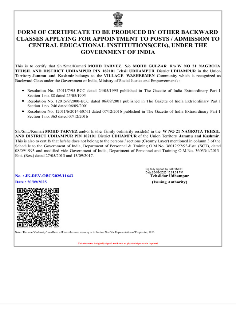 OBC Certificate for Government Appointments | PDF | Politics Of India ...