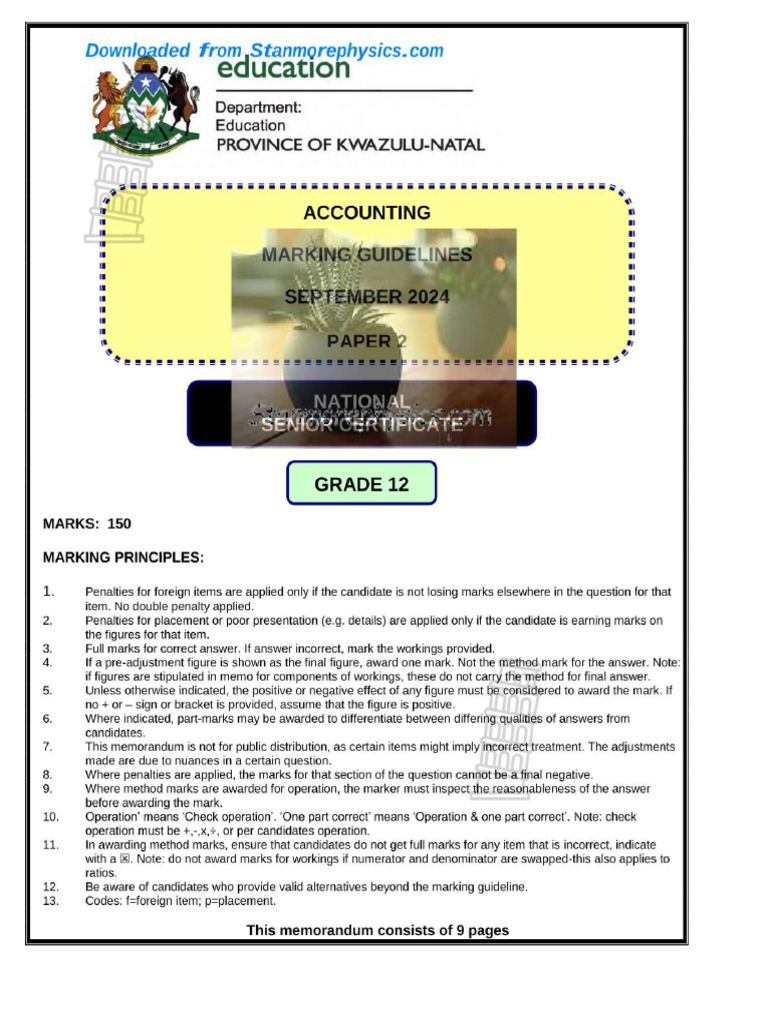 KZN Accounting Grade 12 September 2024 P2 and Memo Pages 3 | PDF