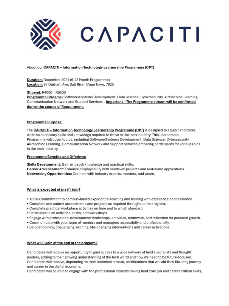 CAPACITI IT Learnership Programme 2024 | PDF | Recruitment | Artificial ...