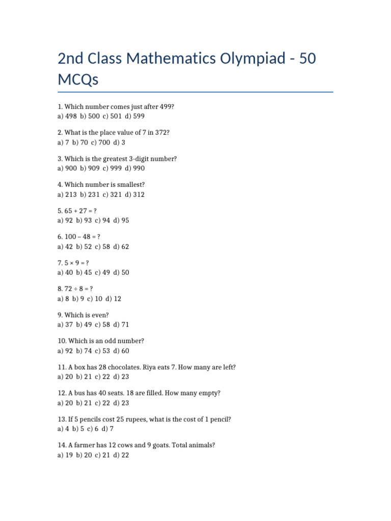 Class2 Math Olympiad 50 MCQs | PDF | Euclidean Plane Geometry ...
